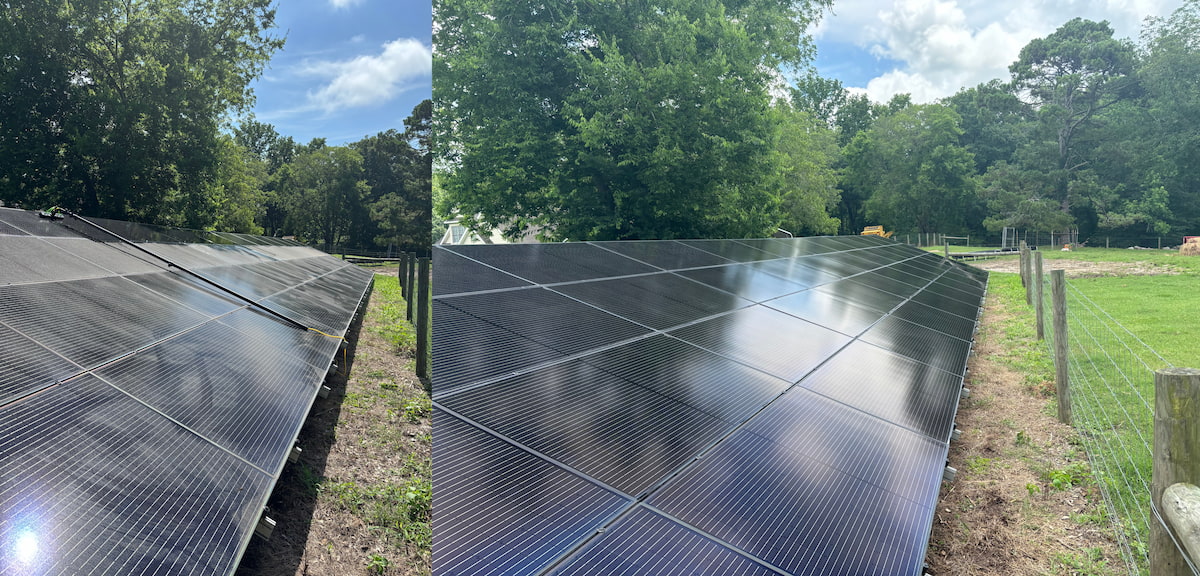 Pristine Panels technician cleaning rooftop solar panels in Augusta, GA